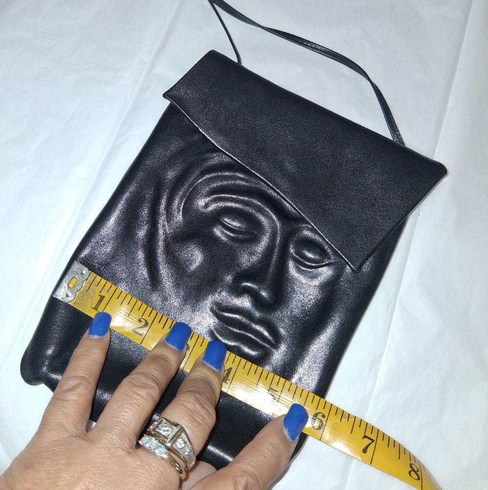 Black Embossed Face Leather Crossbody Bag - Picture 7 of 8
